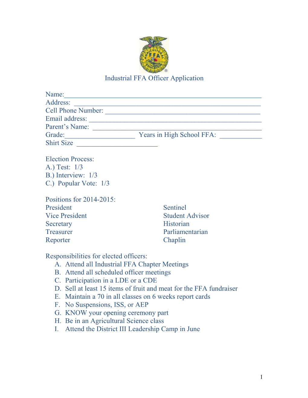 Industrial FFA Officer Application