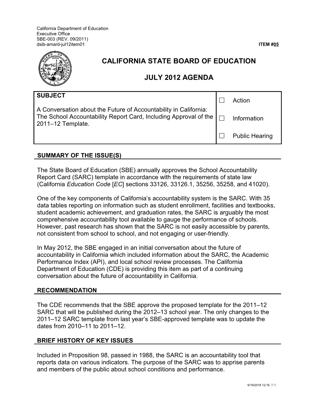 July 2012 Agenda Item 5 - Meeting Agendas (CA State Board of Education)