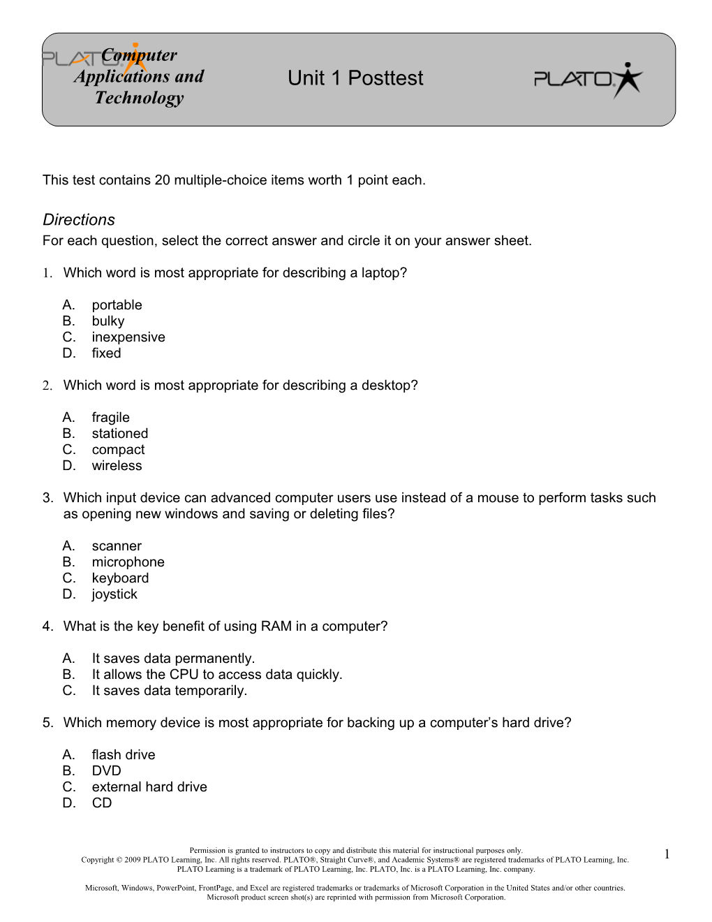 This Test Contains 20 Multiple-Choice Items Worth 1 Point Each