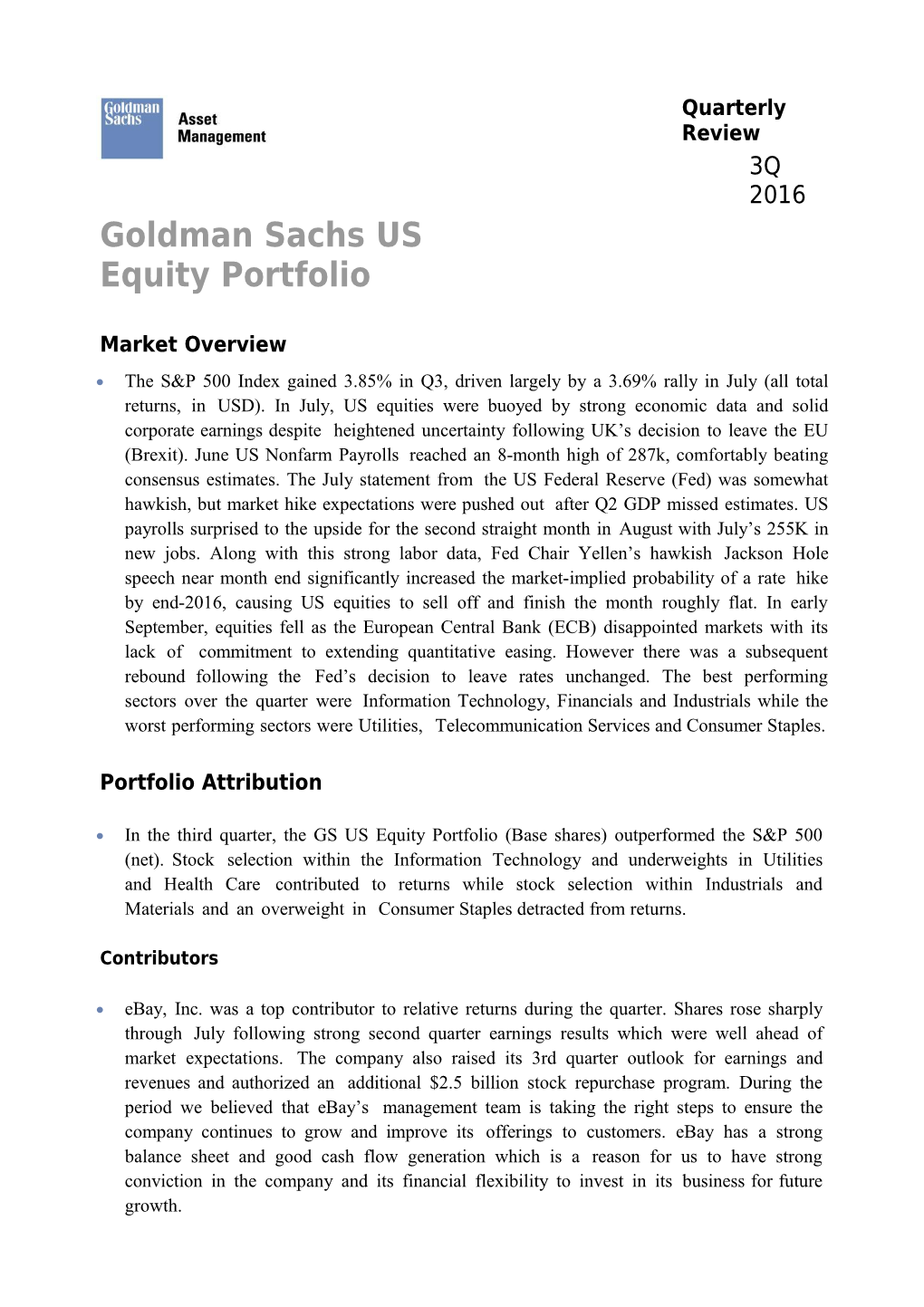 Goldman Sachs US Equity Portfolio