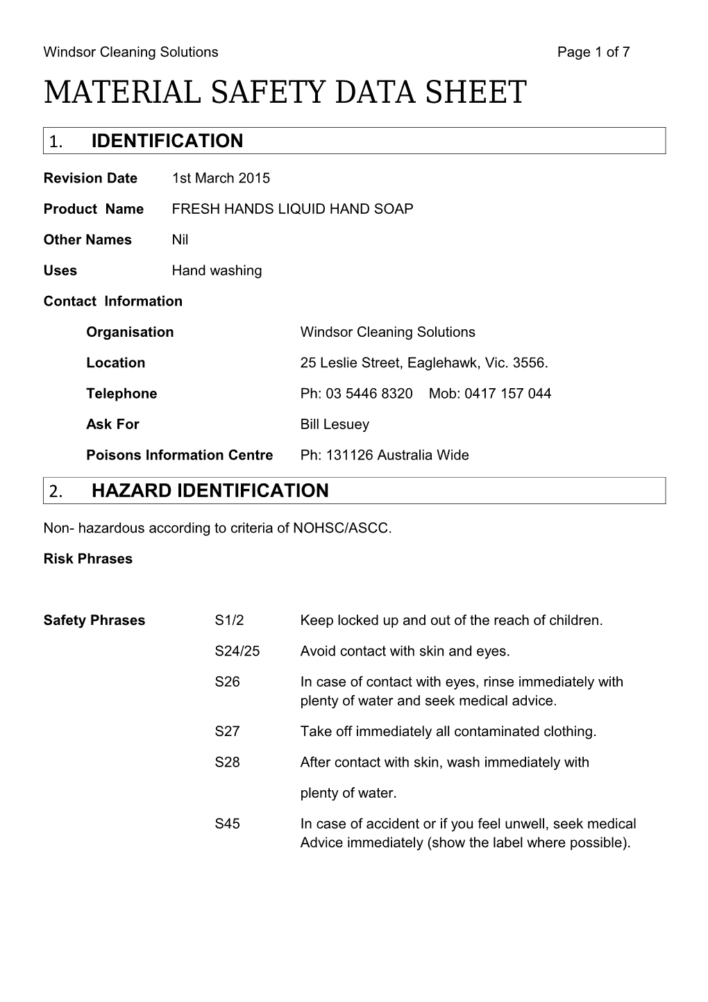 Bendigo Solutions & Packaging Supplies Material Safety Data Sheet SOHYCC