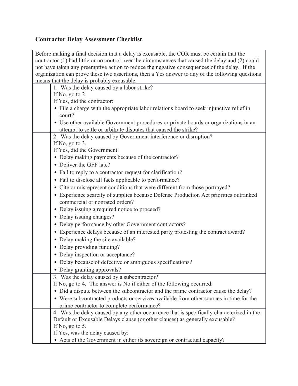 Contractor Delay Assessment Checklist