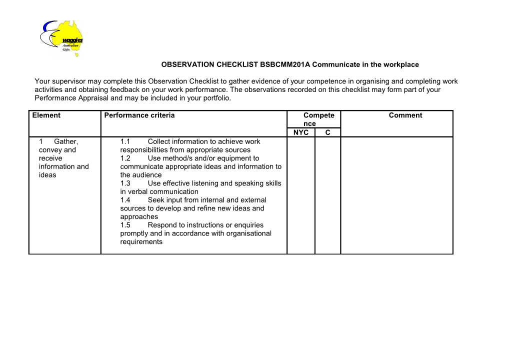 OBSERVATION CHECKLIST BSBCMM201A Communicate in the Workplace