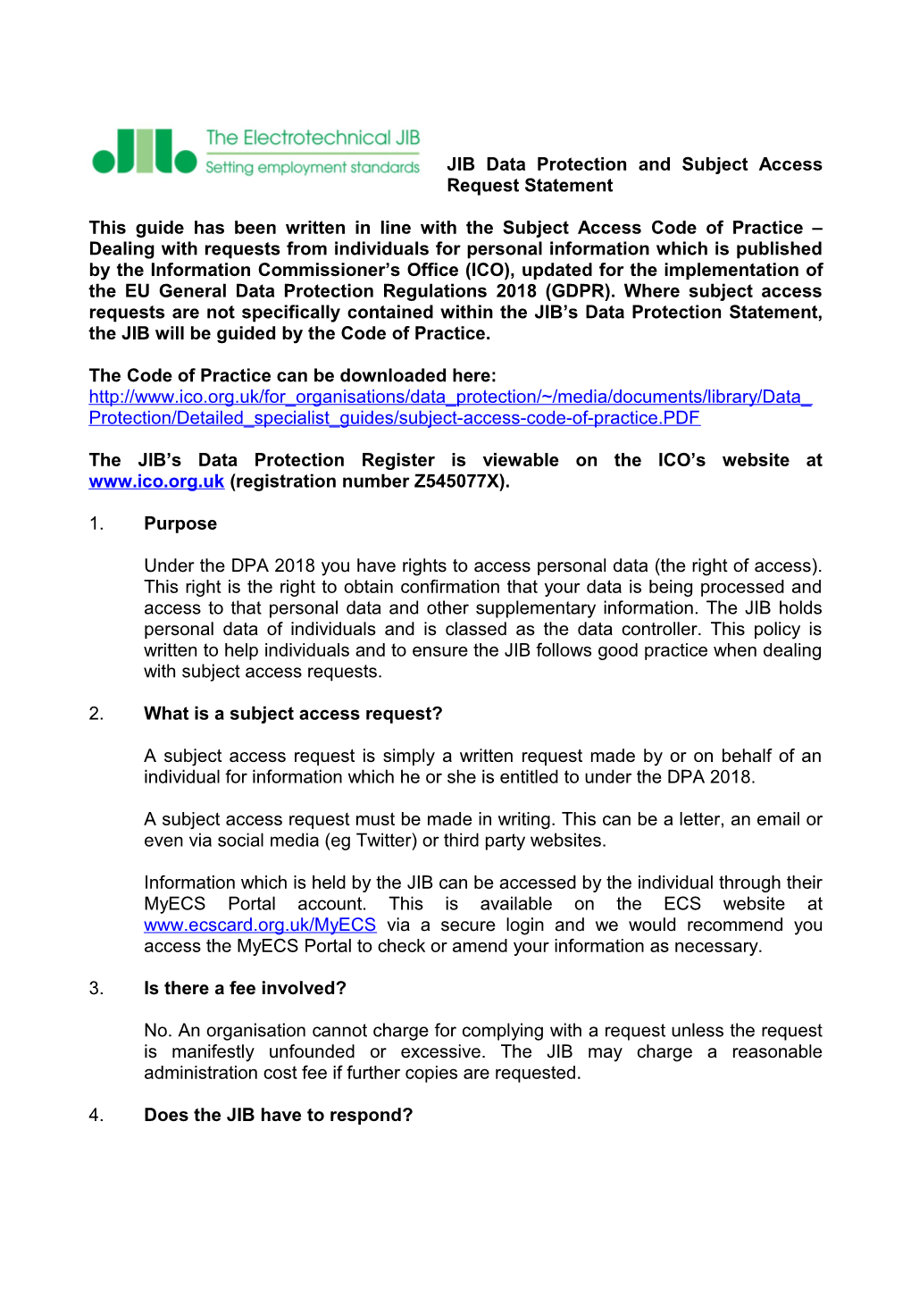 JIB Data Protection and Subject Access Requeststatement