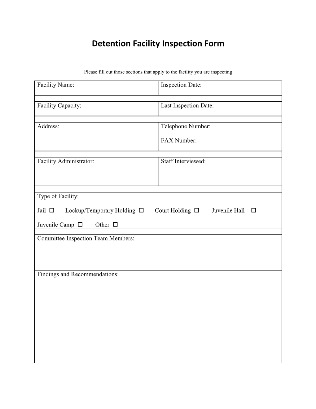 Detention Facility Inspection Form