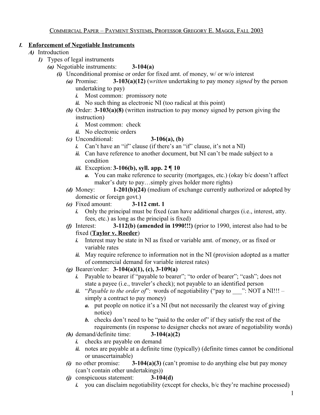 Commercial Paper Payment Systems, Professor Gregory E. Maggs, Fall 2003