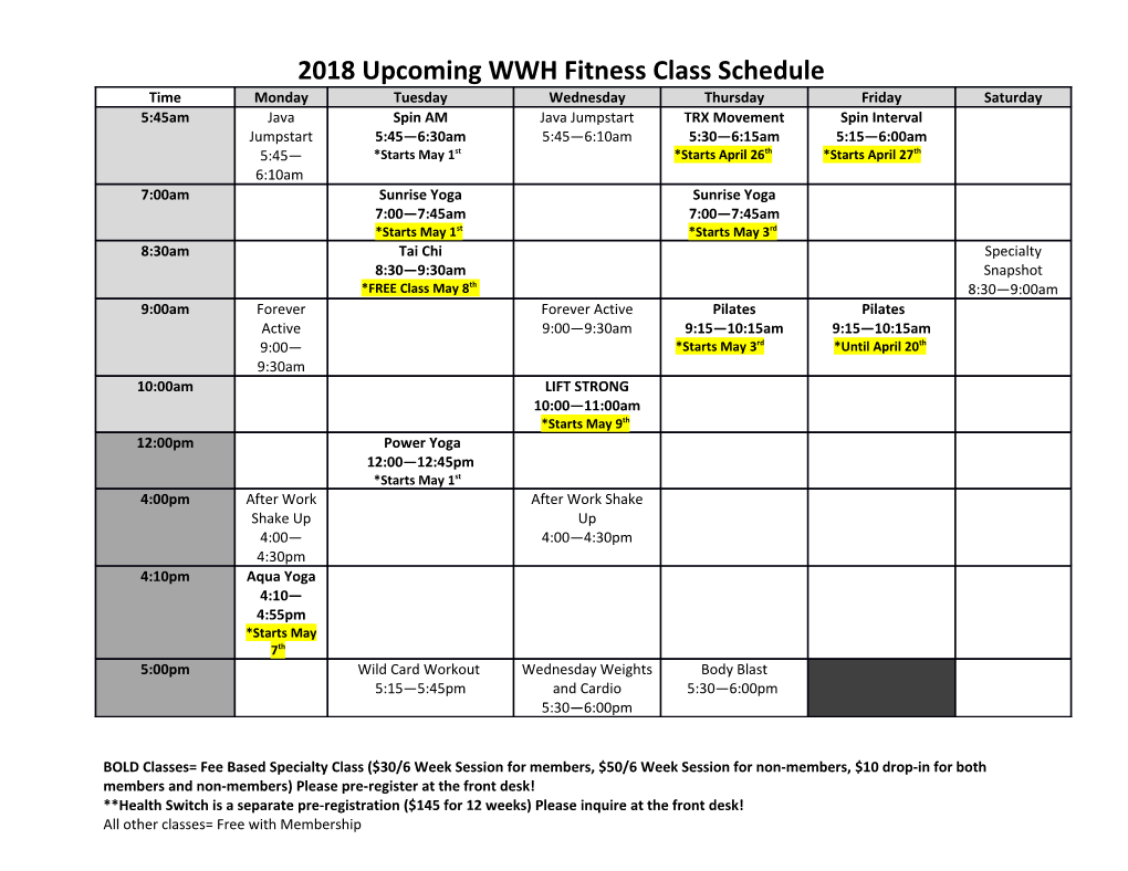 2018 Upcoming WWH Fitness Class Schedule