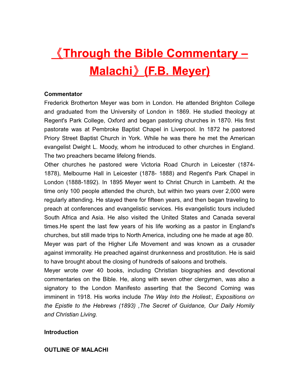 Through the Bible Commentary Malachi (F.B. Meyer)