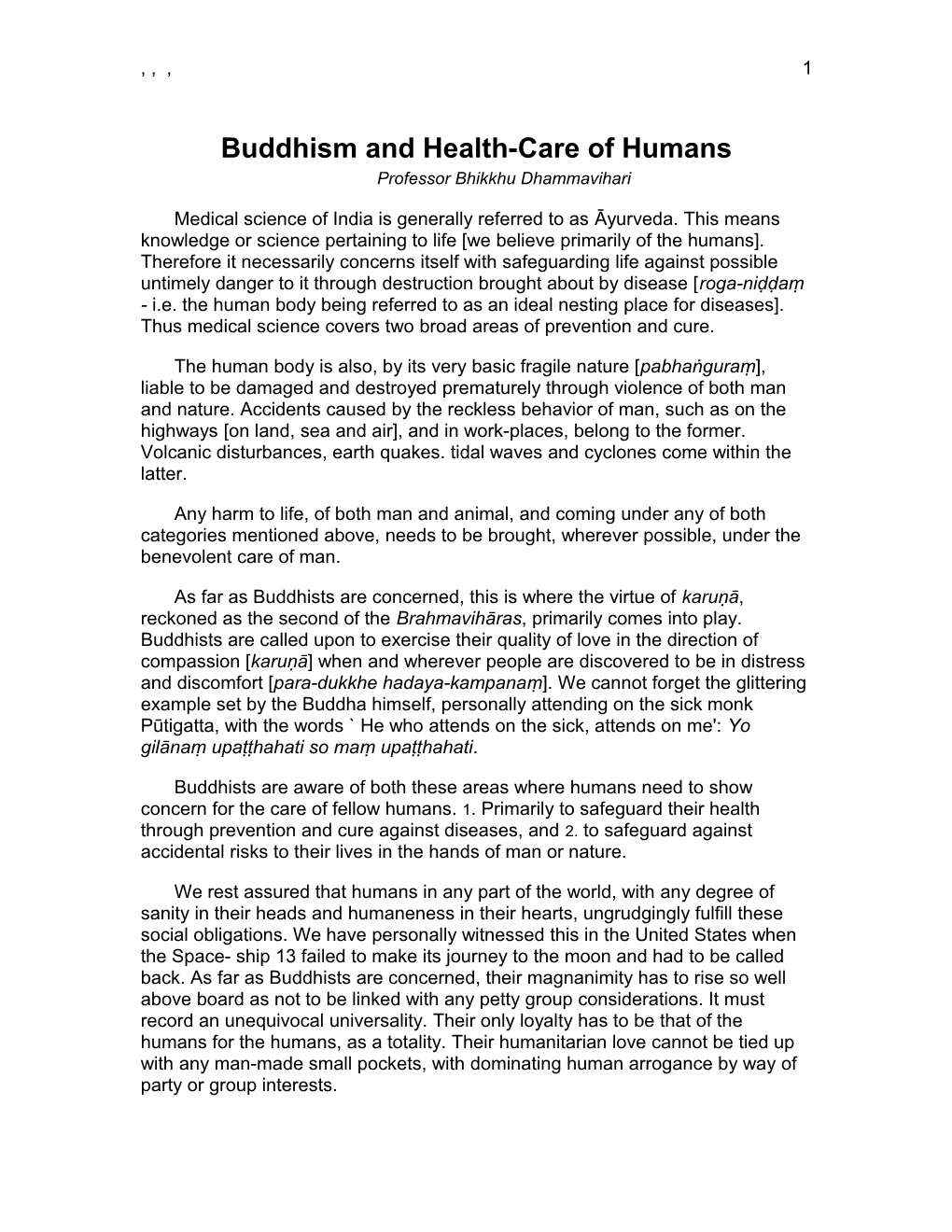 Buddhism and Health-Care of Humans