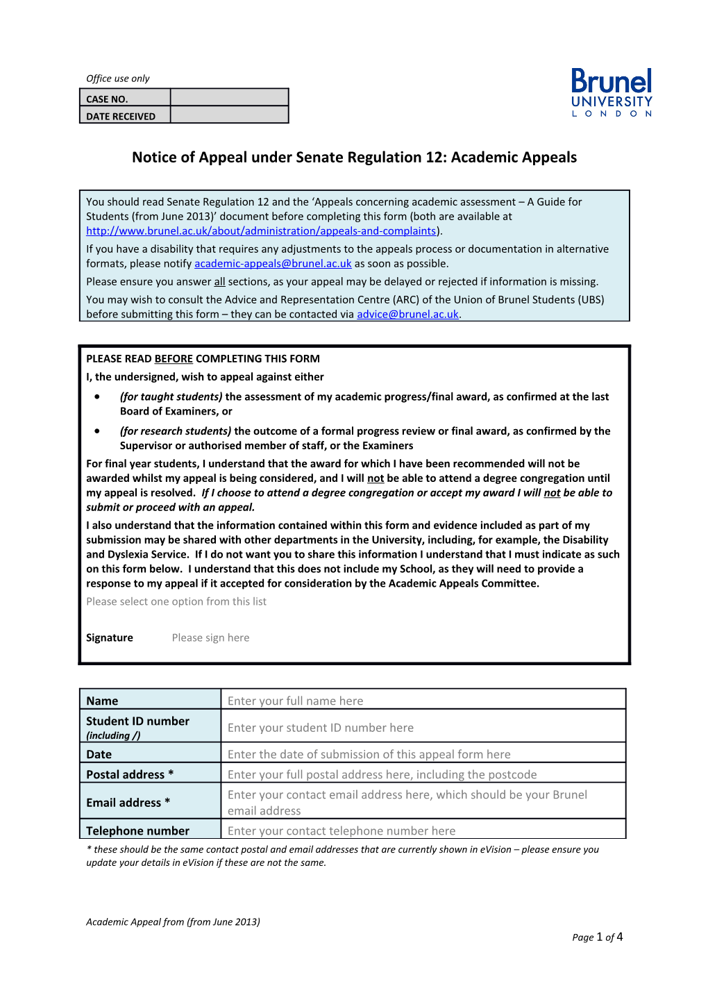 Notice of Appeal Under Senate Regulation 12: Academic Appeals