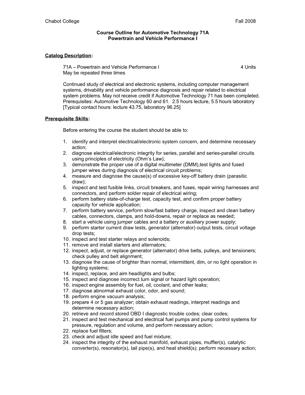 Course Outline for Automotive Technology 71A