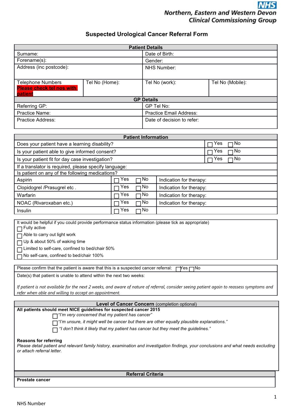 Suspected Urological Cancer Referral Form