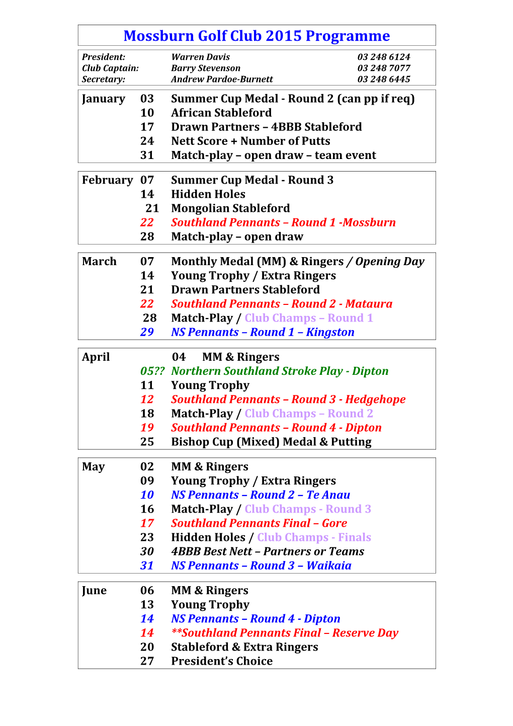 Mossburn Golf Club 2010 Programme