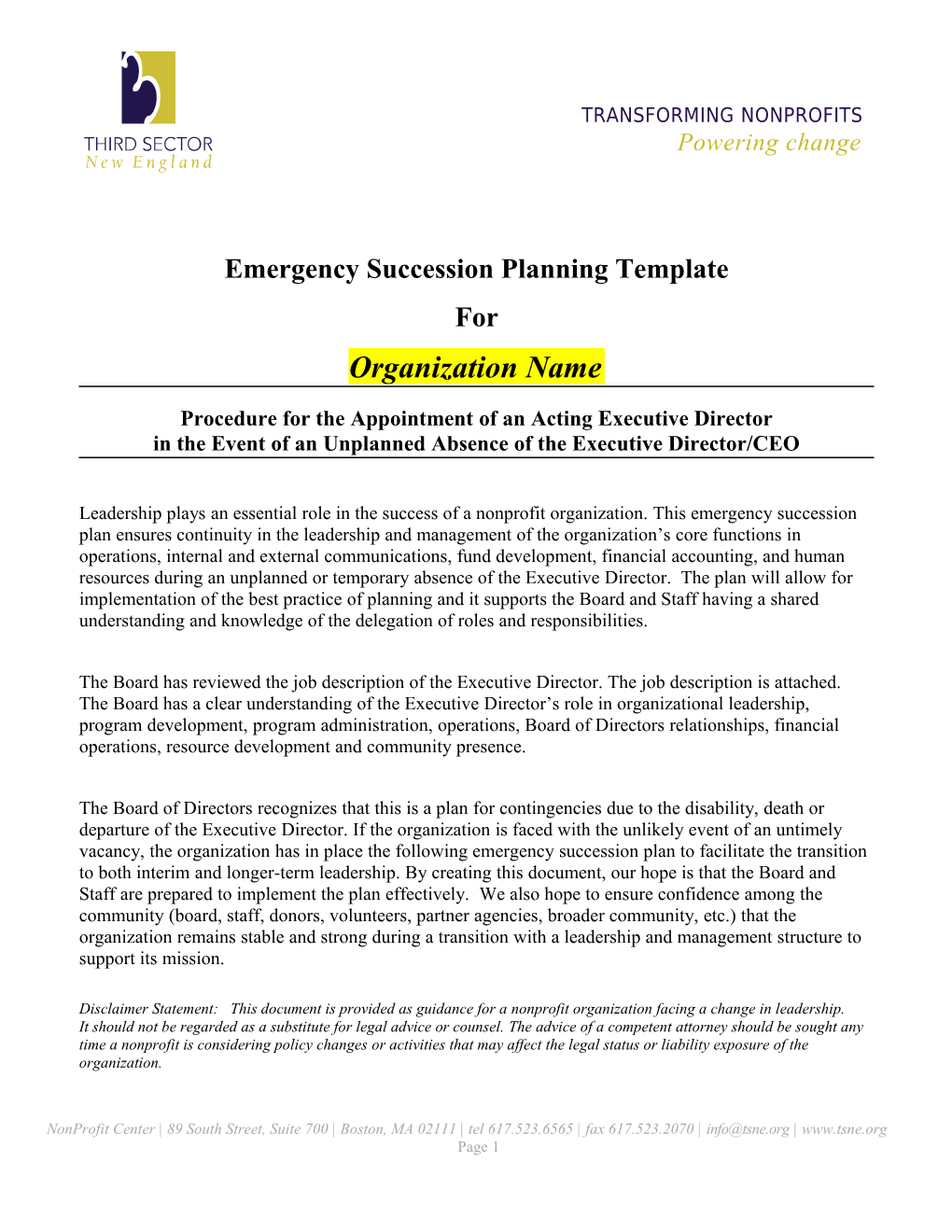 Emergency Succession Planning Template