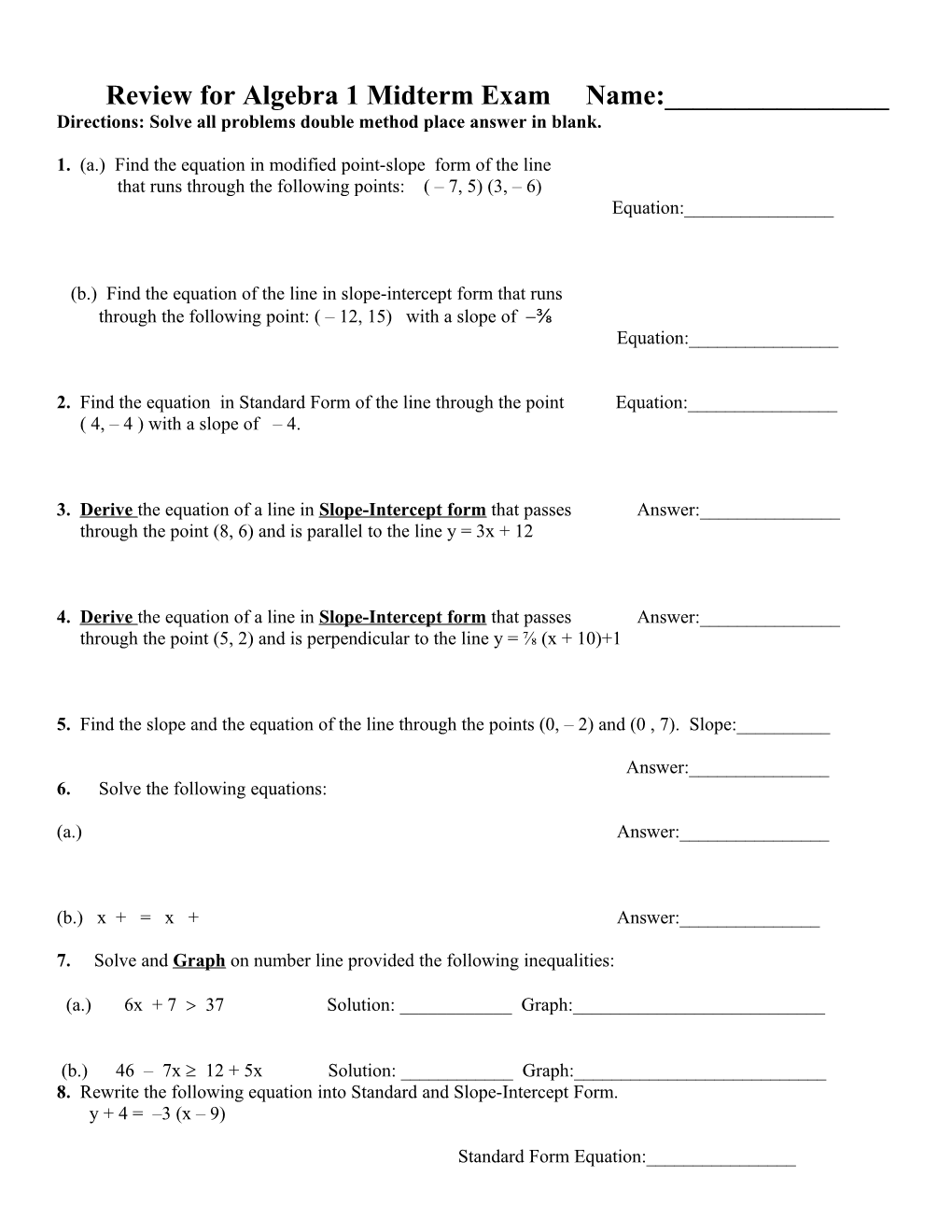 Directions: Solve All Problems Double Method Place Answer in Blank