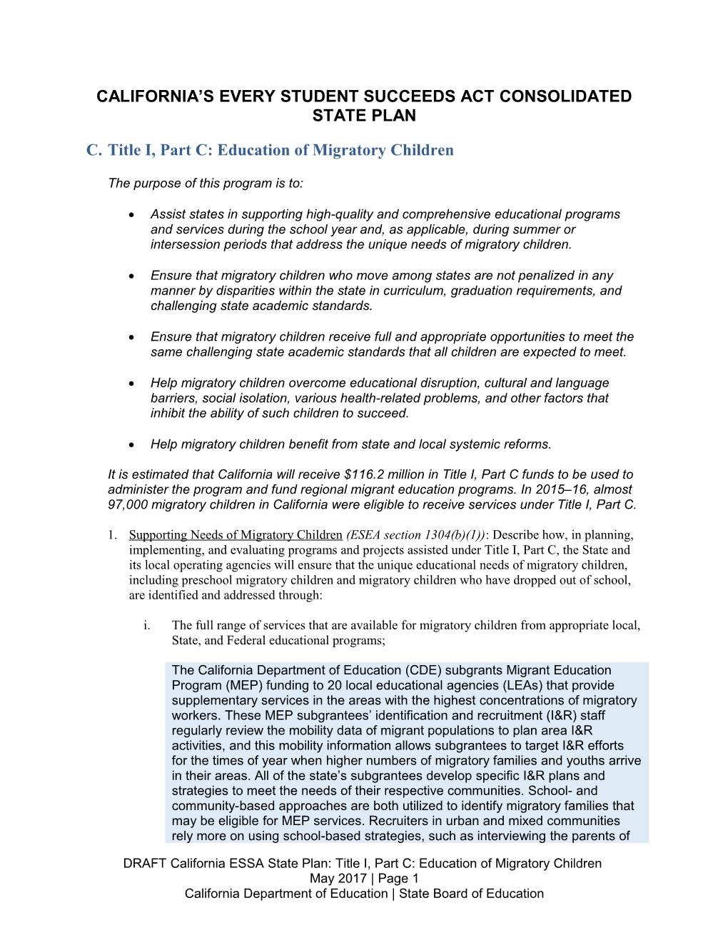 Draft ESSA State Plan Title I, Part C - ESSA (CA Dept of Education)