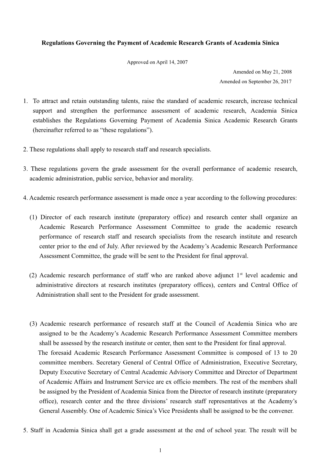 Regulations Governing the Payment of Academic Research Grants of Academia Sinica