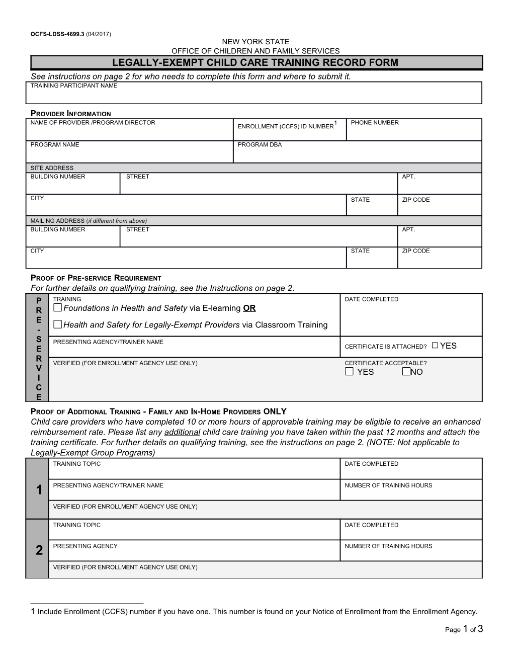 Legally-Exempt Child Care Training Record Form