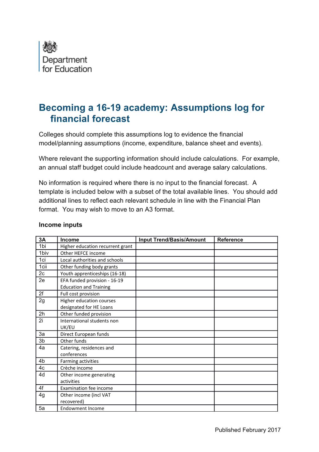 Becoming a 16-19 Academy: Assumptions Log for Financial Forecast