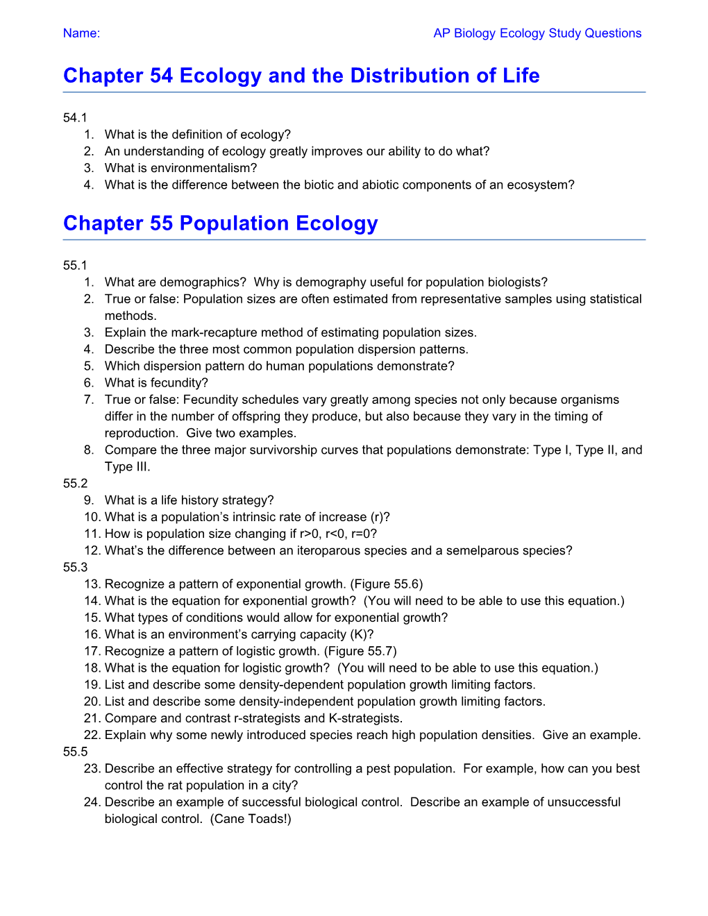 Name: AP Biology Ecology Study Questions