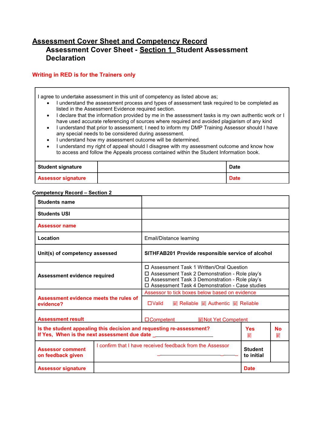 Assessment Cover Sheet and Competency Record s1