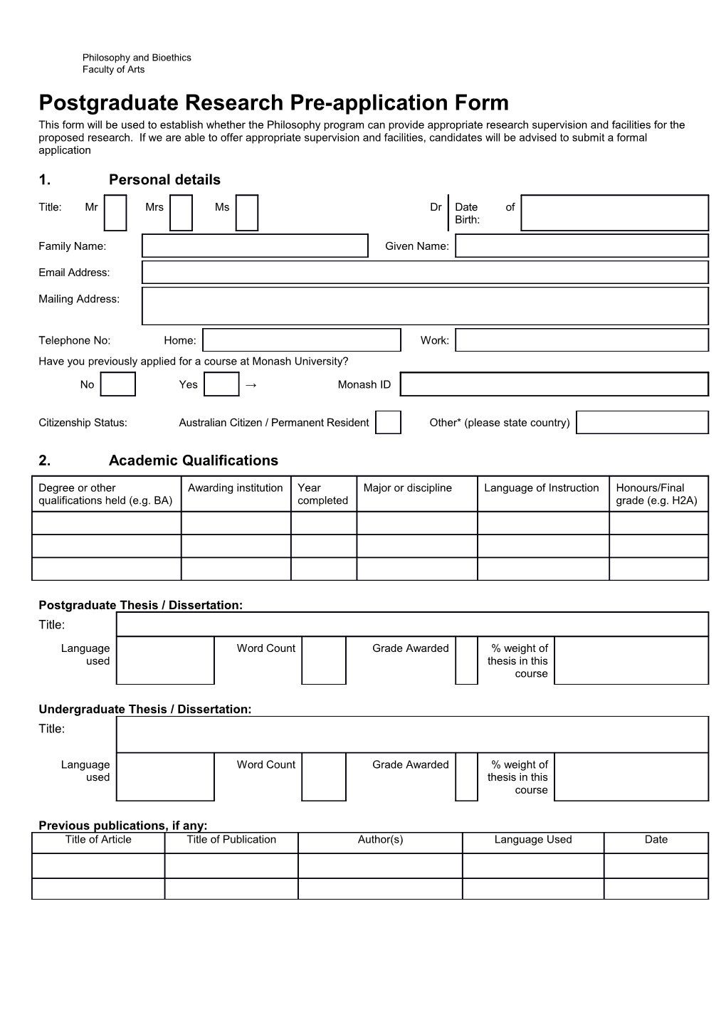 Arts Masters Research Application Form