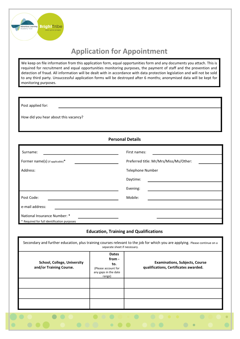 Application Form Teacher