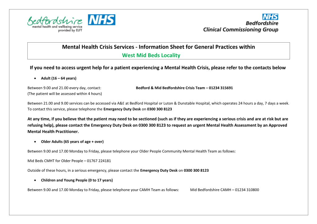 Mental Health Crisisservices - Information Sheet for General Practices Within West Mid