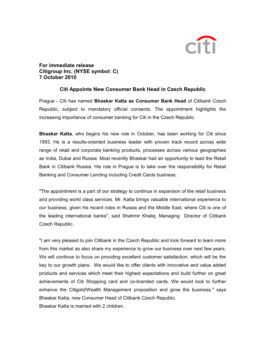 Citi Appoints New Consumer Bank Head in Czech Republic