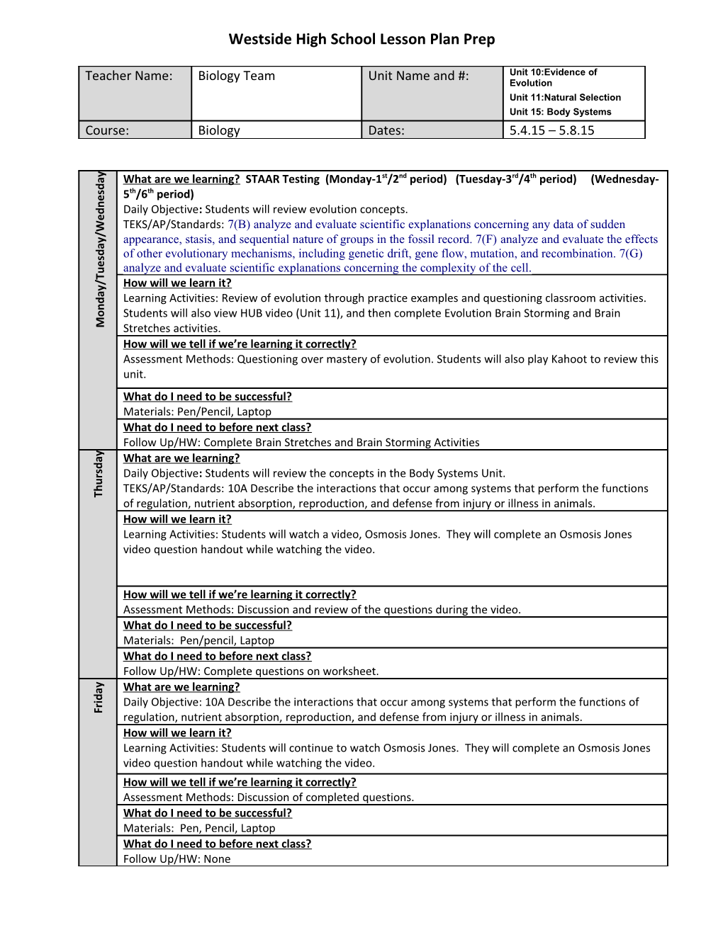 Westside High School Lesson Plan Prep