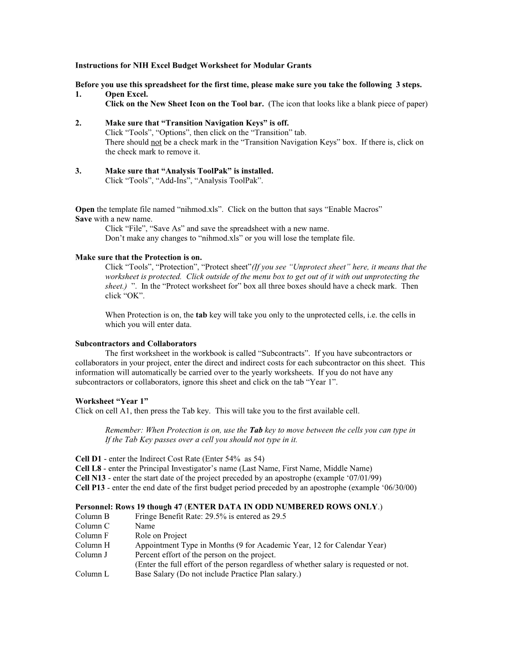 Instructions for NIH Excel Budget Worksheet for Modular Grants