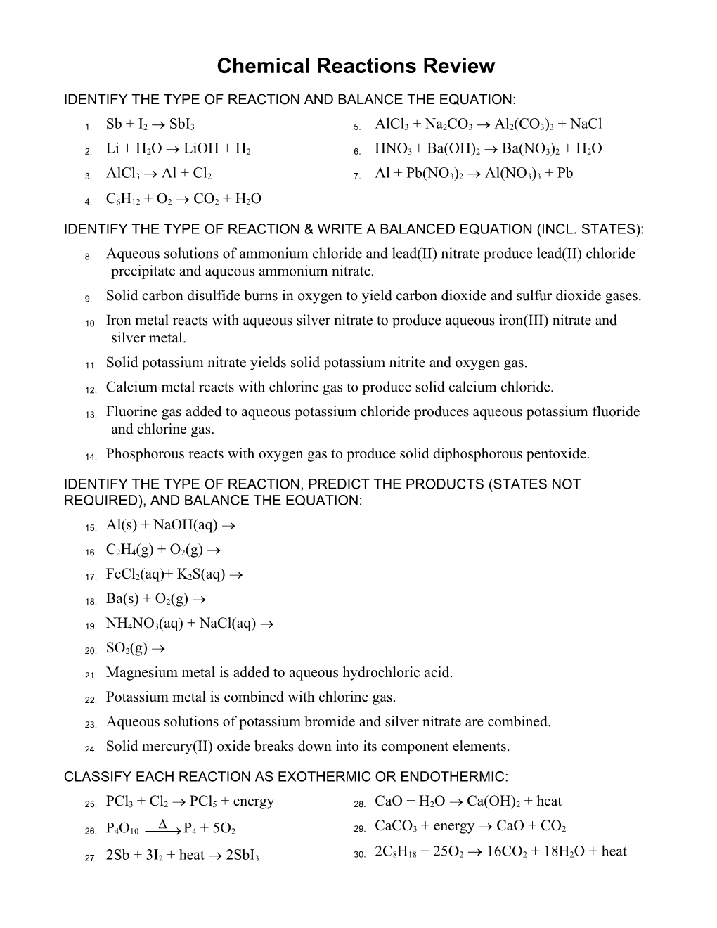 Chemistry Test Review Sheet Chapters 10 & 11 s1