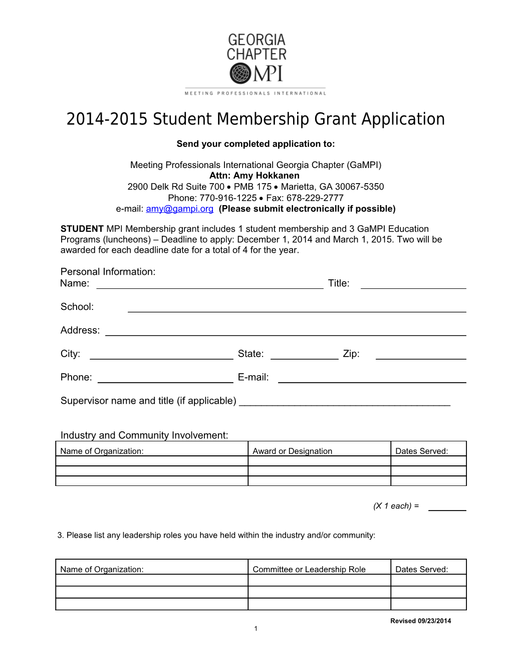 2014-2015 Student Membership Grant Application