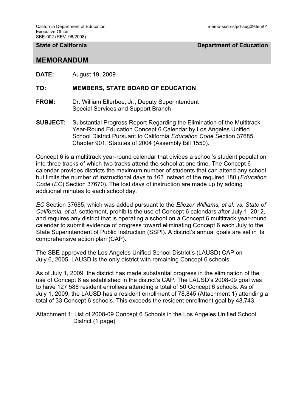 August 2009 SSSB Item 08 - Information Memorandum (CA State Board of Education)