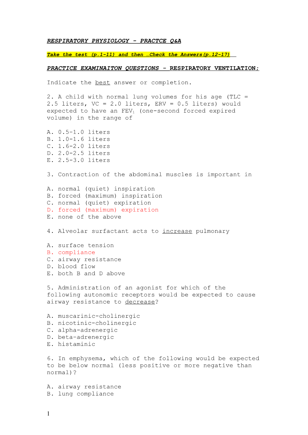 Practice Examinaiton Questions - Respiratory Ventilation;