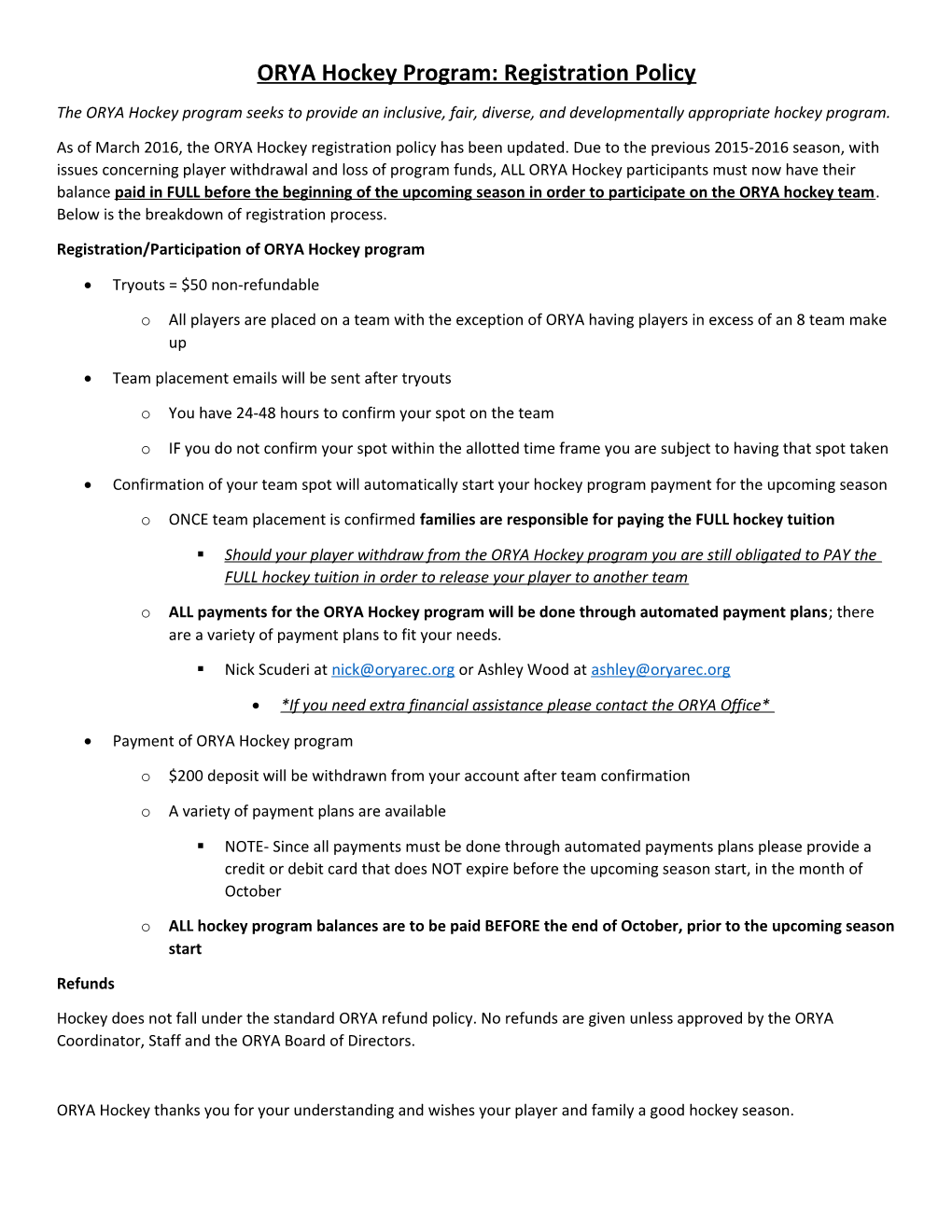 ORYA Hockey Program: Registration Policy