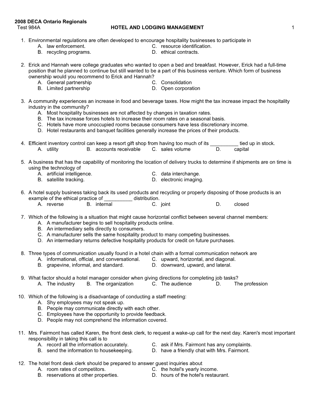 Test 984A HOTEL and LODGING MANAGEMENT 1