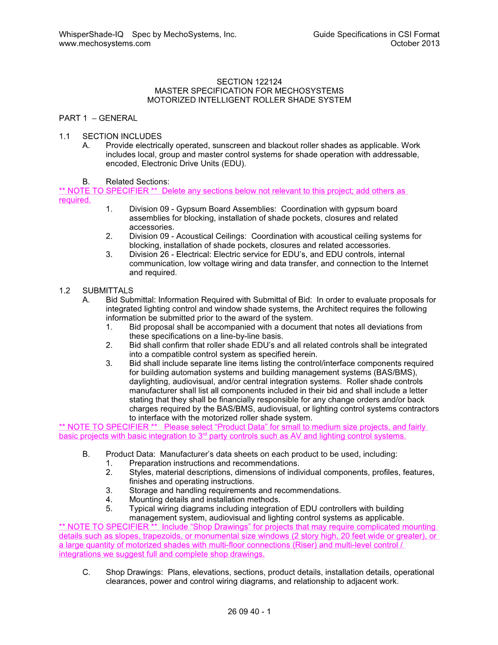 Whispershade-IQ Spec by Mechosystems, Inc.Guide Specifications in CSI Format