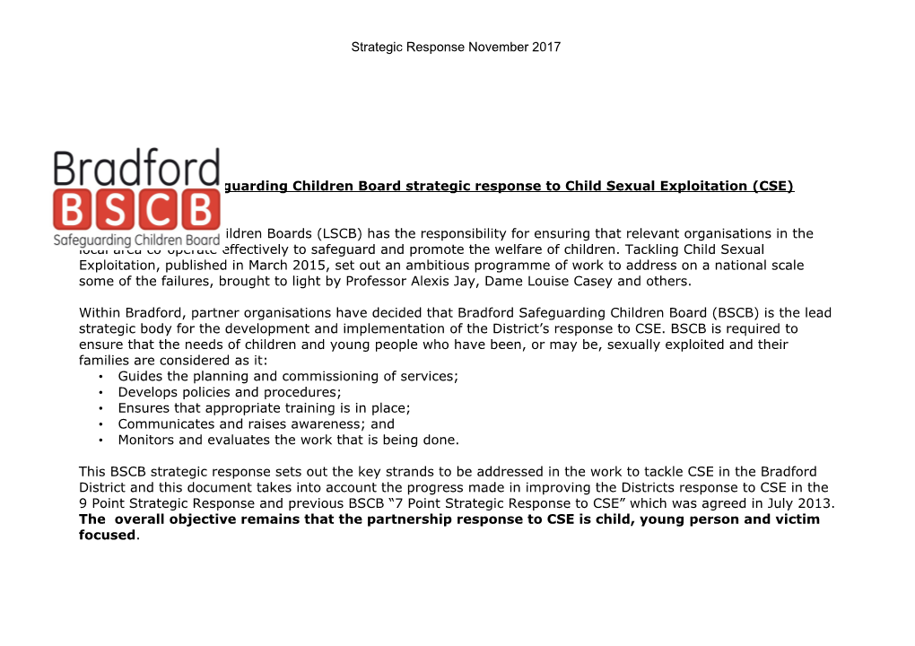 Bradford Safeguarding Children Board Strategic Response to Child Sexual Exploitation (CSE)
