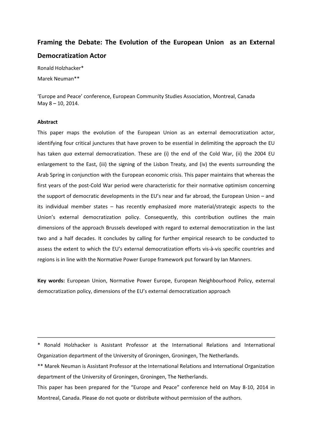 Framing the Debate: the Evolution of the European Union As an External Democratization Actor