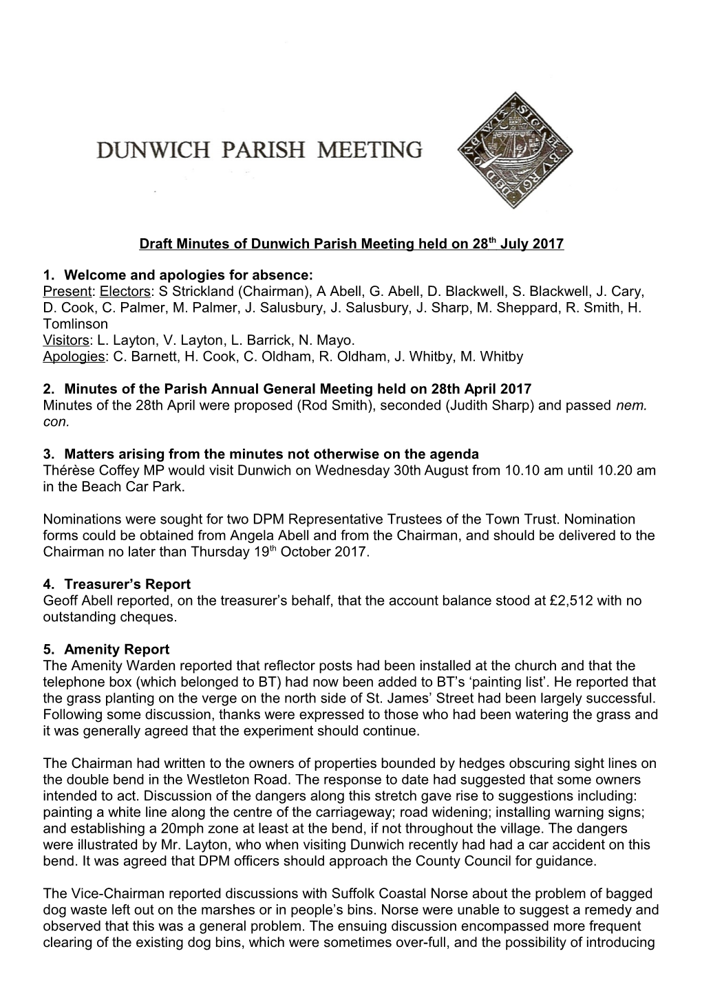 Draft Minutes of Dunwich Parish Meeting Held on 28Thjuly 2017