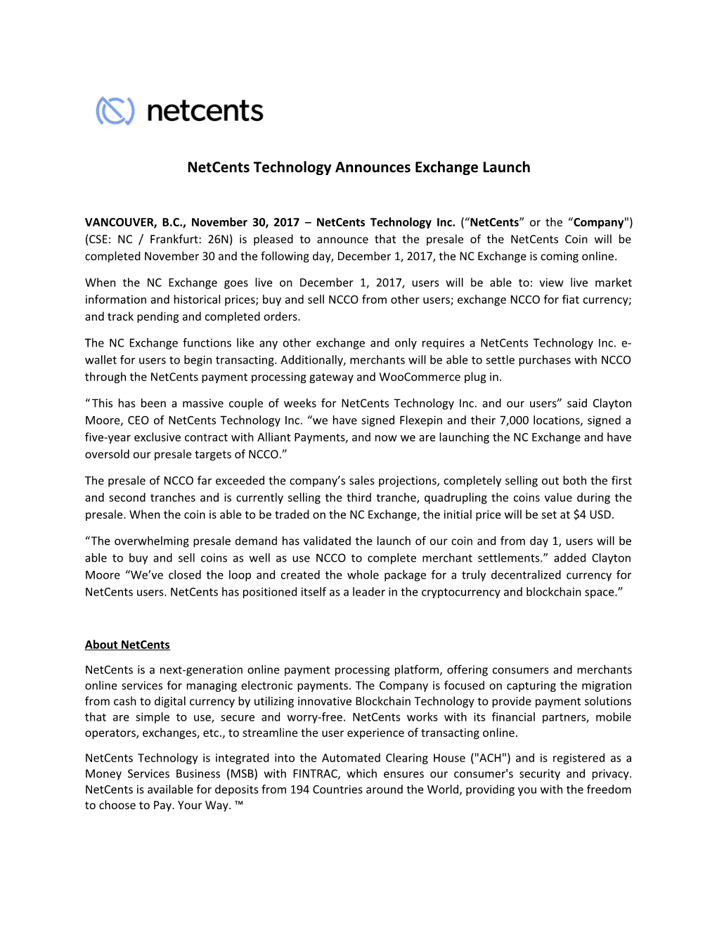 Netcents Technology Announces Exchange Launch