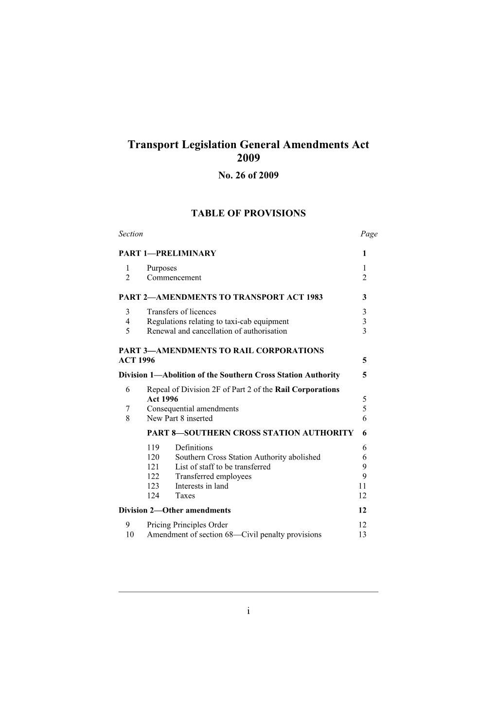Transport Legislation General Amendments Act 2009