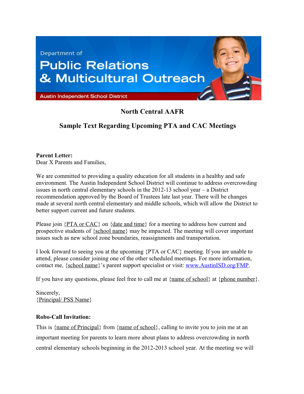 Sample Text Regarding Upcoming PTA and CAC Meetings