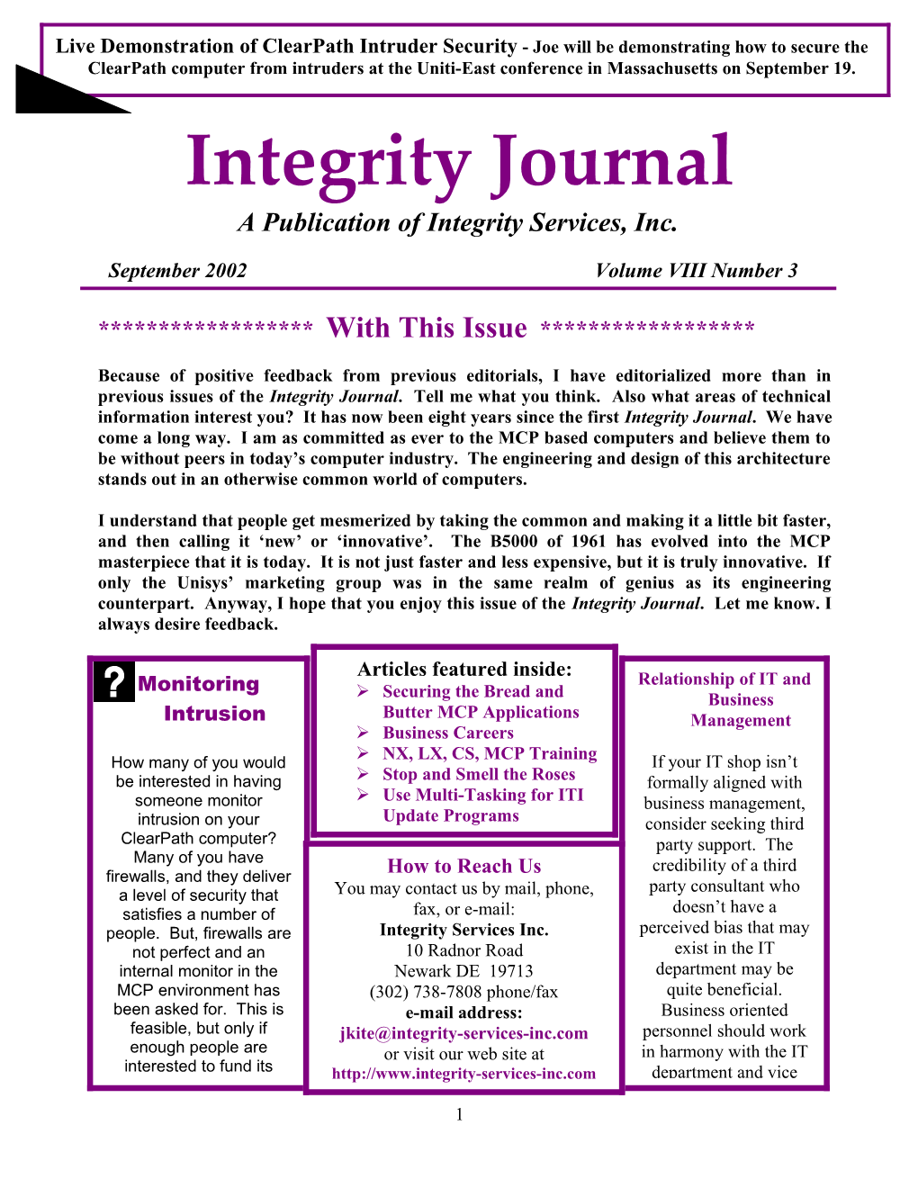 A Publication of Integrity Services, Inc