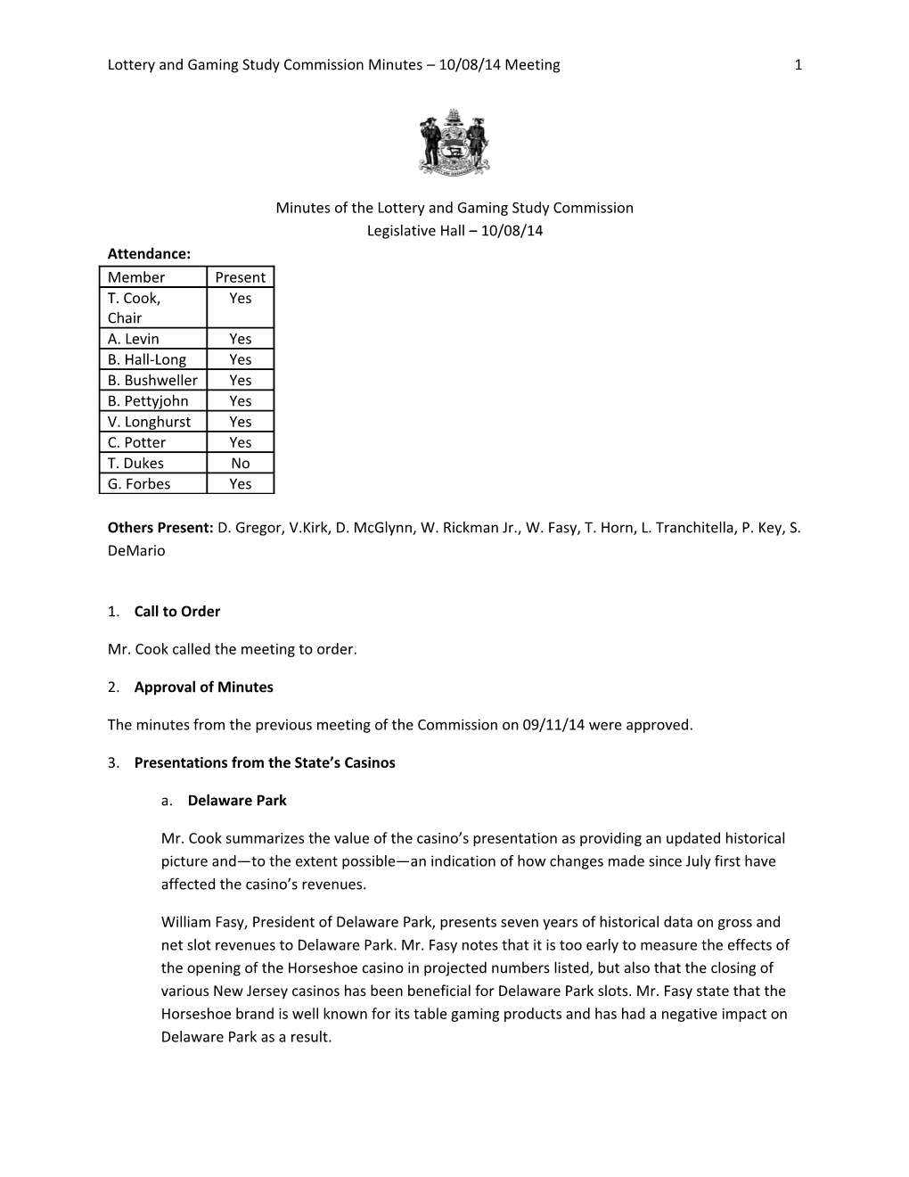 Lottery and Gaming Study Commission Minutes 10/08/14 Meeting 1