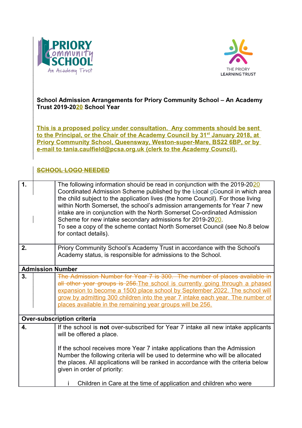 School Admission Arrangements for Priory Community School an Academy Trust 2019-20 20