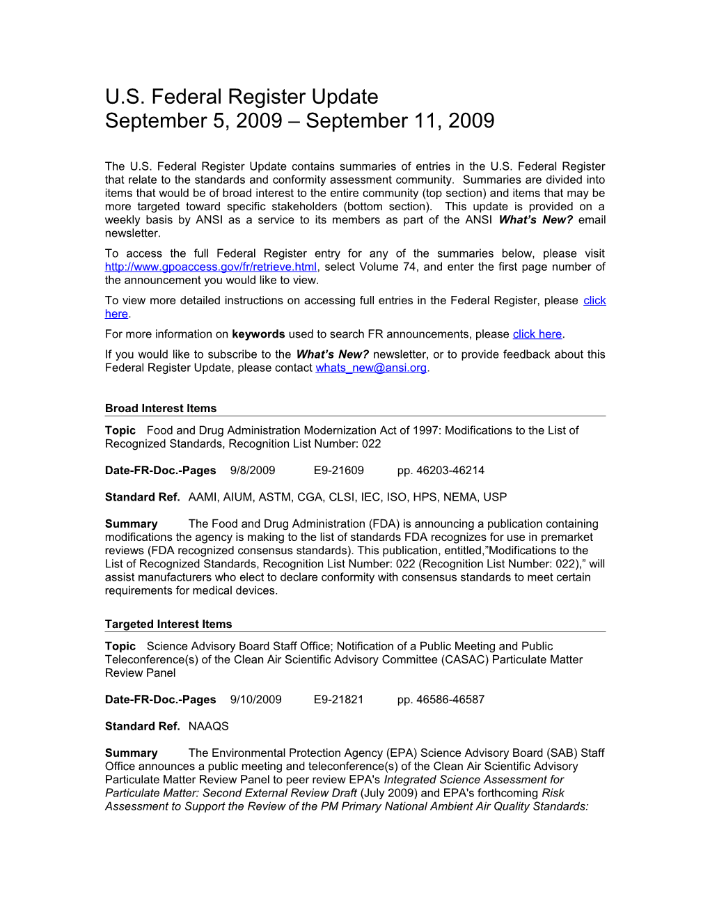 Standards and Trade Related Notices from the U.S. Federal Register, 9.11.09