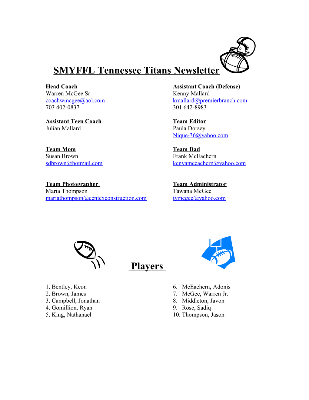 SMYFFL Tennessee Titans Newsletter