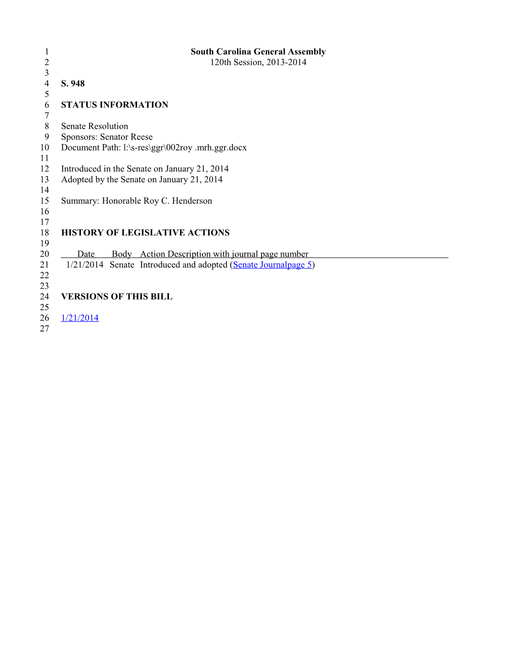 2013-2014 Bill 948: Honorable Roy C. Henderson - South Carolina Legislature Online